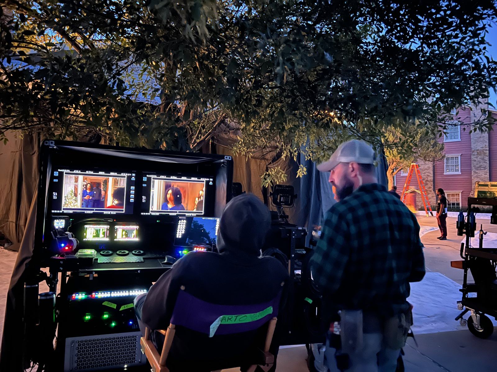 Video village — production monitors during the shoot